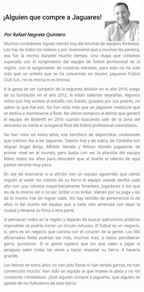 La columna de hoy vía <a href="/elmeridiano_co/">EL MERIDIANO</a> 
 
“A la gesta de ser campeón de la segunda división en el año 2014 le están saliendo telarañas” 

¡Qué alguien compre a Jaguares! 🐆 
elmeridiano.co/alguien-que-co…