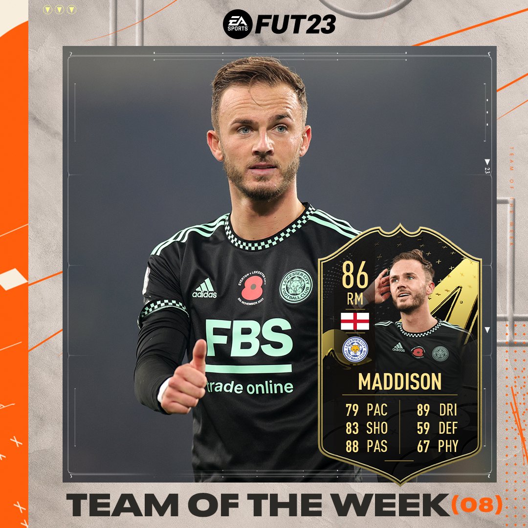LCFC's tweet photo. Magic Maddison makes #TOTW 🪄 🪄

Some stats on there too, @Madders10! 👌

 #FUT #FIFA23 https://t.co/hZTlsX0hZE