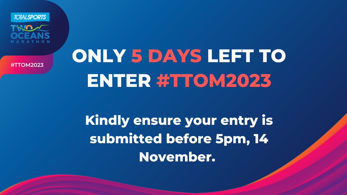 2OceansMarathon's tweet photo. Enter at: https://t.co/wdEABL0Esl 
Need help? info@twooceansmarathon.org.za  
Hurry - don't miss out #TTOM2023 #UnlockPotential #KeepPushing https://t.co/rqvMTteDYR
