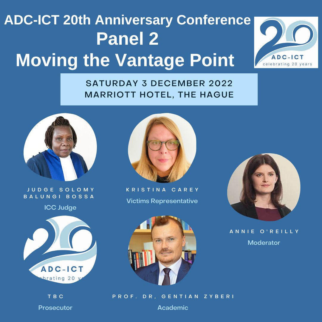 adc_ict's tweet photo. ADC 20th Anniversary Conference - "Moving the Vantage Point" will give views of the Defence from the judiciary, victims representatives and academia. Esteemed panellists: #ICC Judge Bossa, Kristina Carey and Prof. Gentian Zyberi, moderated by @annieoreilly https://t.co/wIYH5n9mnd https://t.co/bGYmfk29U3
