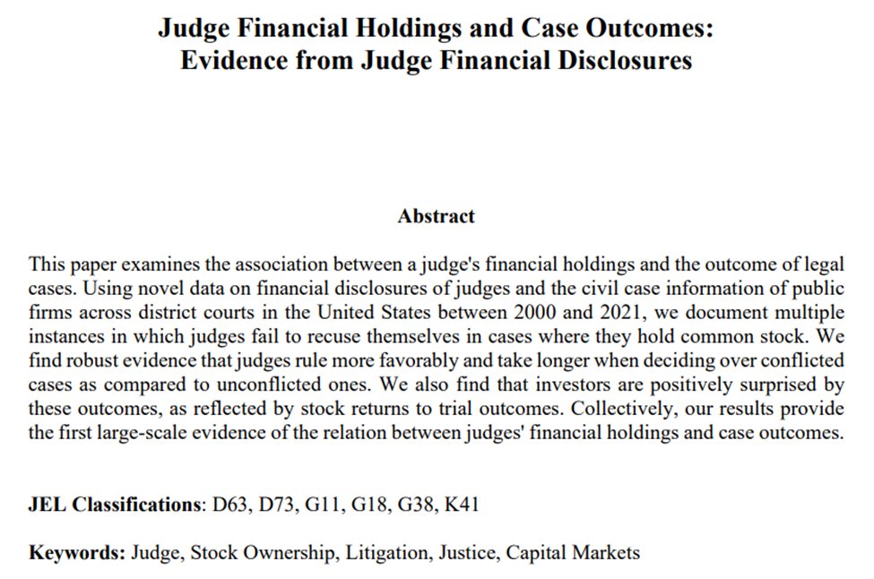 JedsonPinto's tweet photo. ๐จNew working paper Alert ๐จ
TLDR: Is Justice Blind? No
Link: https://t.co/VsZEnGLA7O
๐ Several judges have conflict of interest (CI) when judging cases
๐ CI predicts trial outcomes
๐ CI is unknown and catches market by surprise
#EconTwitter #Research #AccTwitter #Law https://t.co/viHLgBxGYb