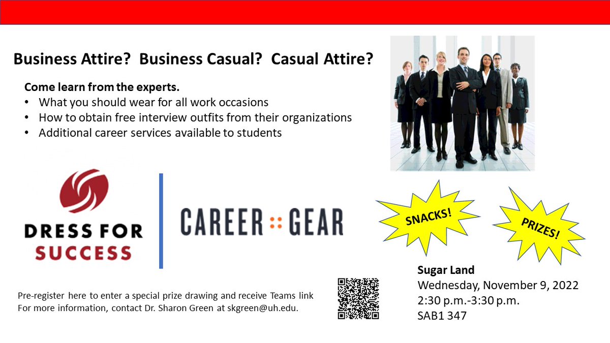 UHEngineeringSL's tweet image. Join @UHCOT -Career Services Today &amp;amp; Come learn from the experts.

•What you should wear for all work occasions
•How to obtain free interview outfits from their organizations
 
@UHatSugarLand campus
Wed., Nov. 9, 2022
2:30-3:30 
SAB1 #347 ( CoT building )
#uhcot #uhatsugarland