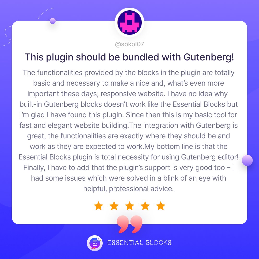 EssentialBlocks's tweet image. ⭐ Essential Blocks is always looking for ways to make developing websites in Gutenberg better for you. So, it&apos;s nice to hear from happy customers who appreciate what we&apos;re doing.

Here&apos;s one such lovely review that just made our day! 💙

#EssentialBlocks #Gutenberg #review