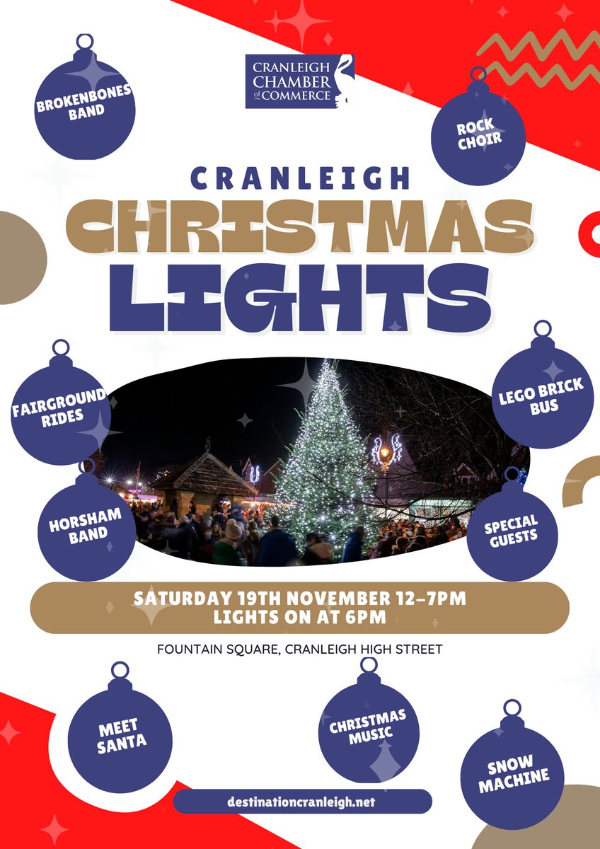 DestCranleigh's tweet image. Following a two-year break, Cranleigh Chamber of Commerce is delighted to announce the return of the Cranleigh Christmas Lights Switch On event!