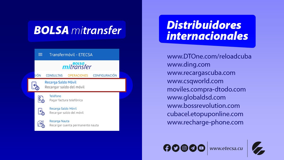 Hasta el 11/11 promo de #RecargaInternacional con bonos según monto recibido
📌Puedes recibirla mediante los sitios de los distribuidores internacionales o realizarla con la Bolsa MiTransfer a través de Operaciones/Recarga saldo móvil (con cuenta en USD)
etecsa.cu/es/promocion/r…