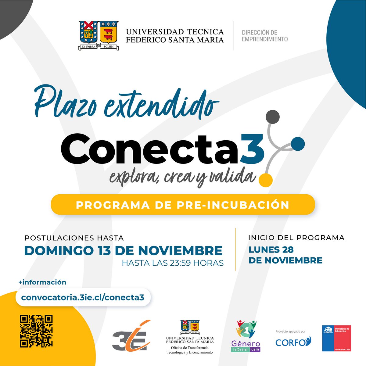 Instituto3IE's tweet photo. ¡Recuerda postular! 💡
El Programa #Conecta3 busca apoyar la creación de emprendimientos innovadores que contribuyan al desarrollo de nuevos productos y/o servicios de impacto nacional y mundial.
📅Postulaciones hasta el 13 de noviembre
➡ https://t.co/FcAffQsGSc
#Emprende https://t.co/hjh3dmfb5B