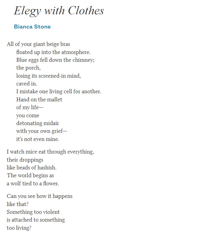 alice_frecknall's tweet photo. 'All your giant beige bras/ floated up into the atmosphere./ Blue eggs fell down the chimney;/ the porch,/ losing its screened-in mind,/ caved in.'
#BiancaStone being brilliant. https://t.co/bIzJBxiqJE
