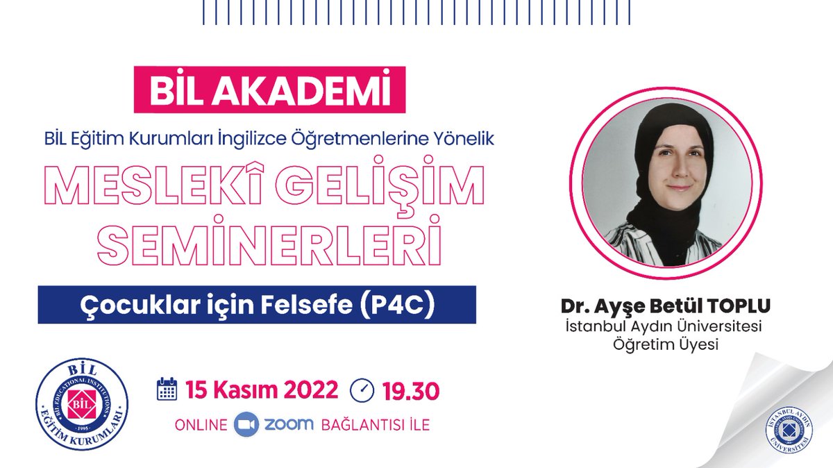 BilKurs's tweet photo. 𝗕𝗶𝗟 𝗔𝗞𝗔𝗗𝗘𝗠𝗶

BİL Eğitim Kurumları İngilizce Öğretmenlerine Yönelik

MESLEKÎ GELİŞİM SEMİNERLERİ

📢 Çocuklar için Felsefe (P4C)
🎙 Dr. Ayşe Betül TOPLU - @IAUKampus  Öğretim Üyesi
🗓 15 Kasım 2022
⏰ 19.30

@IAUKampus @iautanitim https://t.co/Vz4ryUDKv3