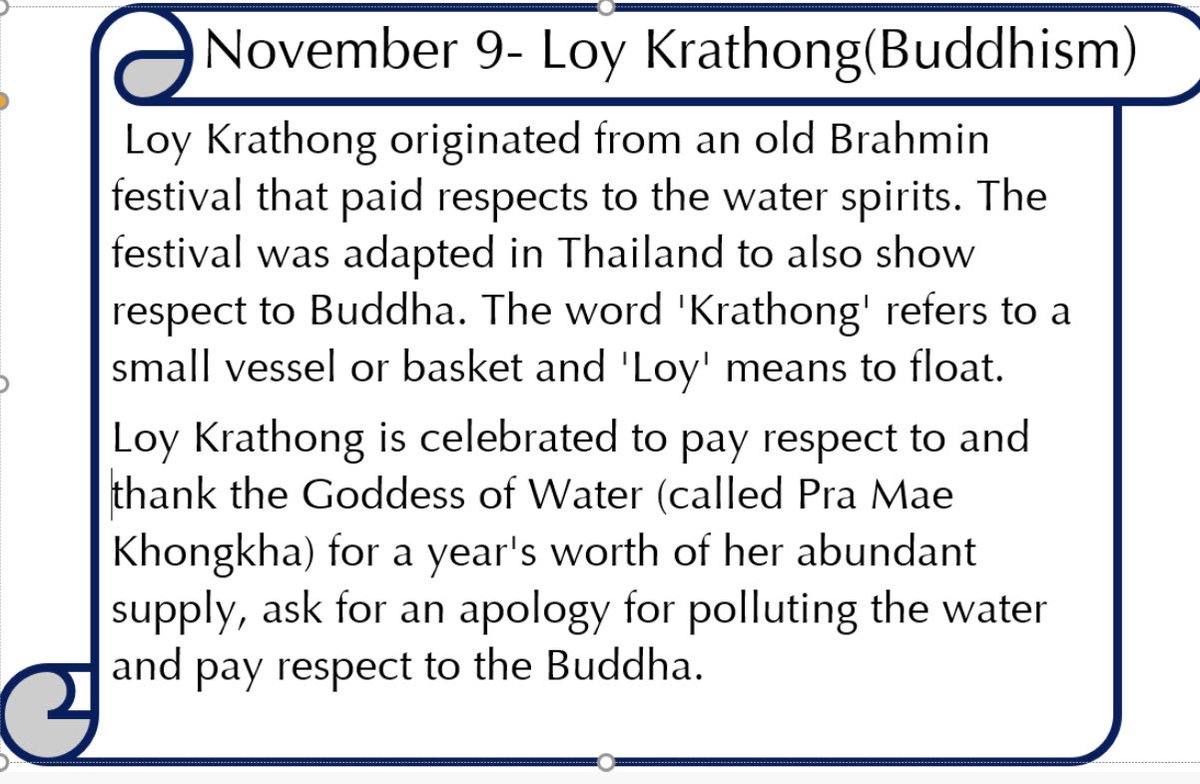 MsKaur_GEDSB's tweet photo. Today is “Loy Krathong” is celebrated to pay respect to and thank the Goddess of Water for a year’s worth of her abundant supply and ask for an apology for polluting the water. #DaysOfSignificance ⁦@GEDSB⁩ https://t.co/MRJHQLO3i8