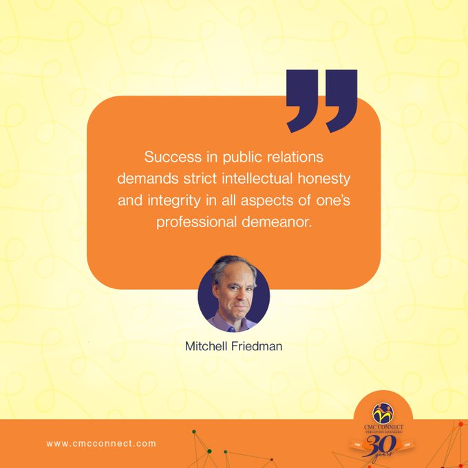 cmcconnect's tweet photo. Success in public relations demands strict intellectual honesty and integrity in all aspects of one's professional demeanor.
#MondayMotivitation
#CMCConnect https://t.co/ugQ2EDCx5B