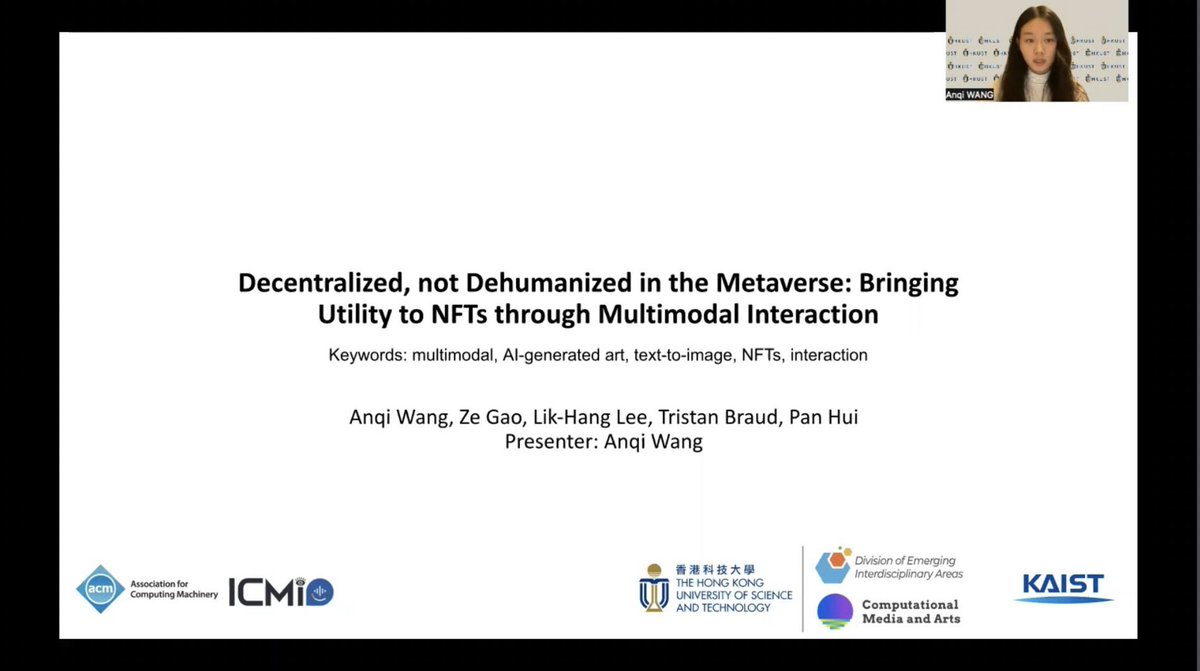 AcmIcmi's tweet photo. Catch up on the Blue Sky Papers on "Decentralized, not Dehumanized: Bringing Utility to NFTs through Multimodal Interaction"

#icmi2022 #acm #acmicmi #acm2022 #acmicmi2022 #icmibangalore #icmiconference #research #callforpapers #multimodal #humancomputerinteraction https://t.co/PHqggqRJSX