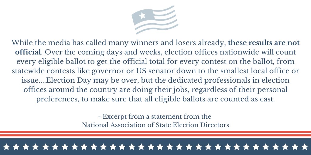 NASEDorg's tweet photo. #ElectionDay may be behind us but work continues for state &amp; local election officials across the country, &amp; will do so until all eligible ballots are counted as cast.

Full text of NASED's post-election reminder here ➡️ https://t.co/dyJn5t8zDX

#TrustedInfo2022  #Election2022 https://t.co/6KLV41tbRD