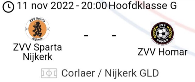 Vrijdagavond wordt er weer thuis gespeeld door ZVV Sparta. Om 20.00 uur ontvangen de Oranjehemden <a href="/ZvvHomar/">Voetbal Homar ZVV</a>. Je bent van harte welkom in <a href="/sporthalcorlaer/">Sporthal Corlaer</a>!