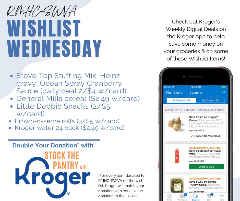 Today's #WishlistWednesday has a lot of deals you can get with your Kroger card. If you or your organization would like to donate, please drop off or send to 2224 Jefferson St. Se Roanoke VA 24014. Thank you so much for your support.