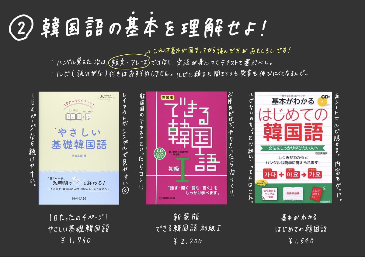 korea_yuho's tweet photo. 韓国語ゼロから勉強したいけど何から始めていいか分からない人へ。韓国語学習歴10年選手の私が本屋さんに行っておすすめテキスト探してきました。入門・初級時代に使いたかったと本気で思うものを3冊ずつ厳選。韓国語教室通うのはこれやったあとでも全然ダイジョブ🙆‍♀️ https://t.co/ojkqVYr6qh