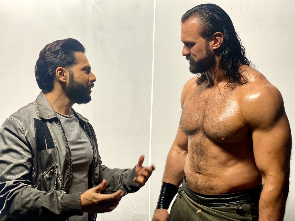 DMcIntyreWWE's tweet photo. .@Varun_dvn is one of the biggest badasses in Bollywood and a legit wrestling fan. We could’ve spoke for hours about the business! I can’t wait for you to come to a show, whether it be in the US or India 🇮🇳 https://t.co/oAxJv711we