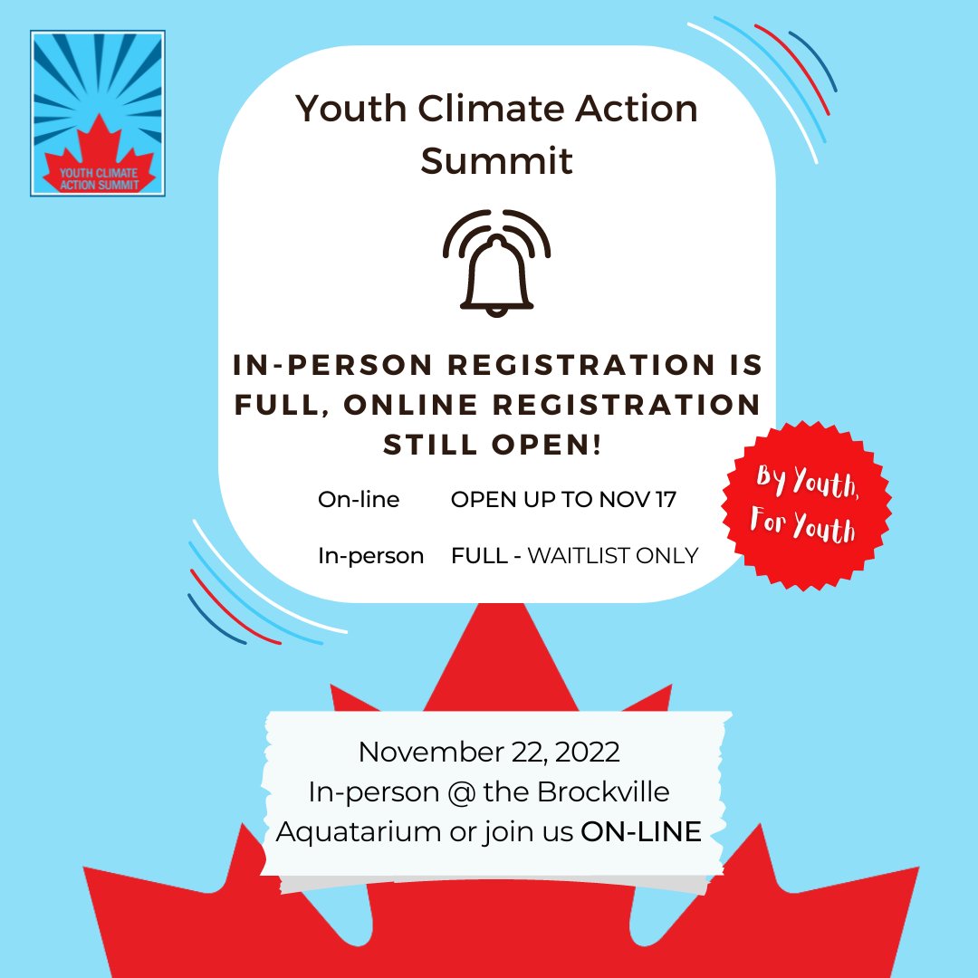 Registration for the first In-Person Youth Climate Action Summit at the <a href="/AQAquatarium/">Aquatarium</a> in Brockville, is now FULL! Registration for the Online Hybrid YCAS closes November 17th. 

Register now! youthclimateactionsummit.ca/registration/ 

#YCAS #YouthClimateActionSummit #youth4climate