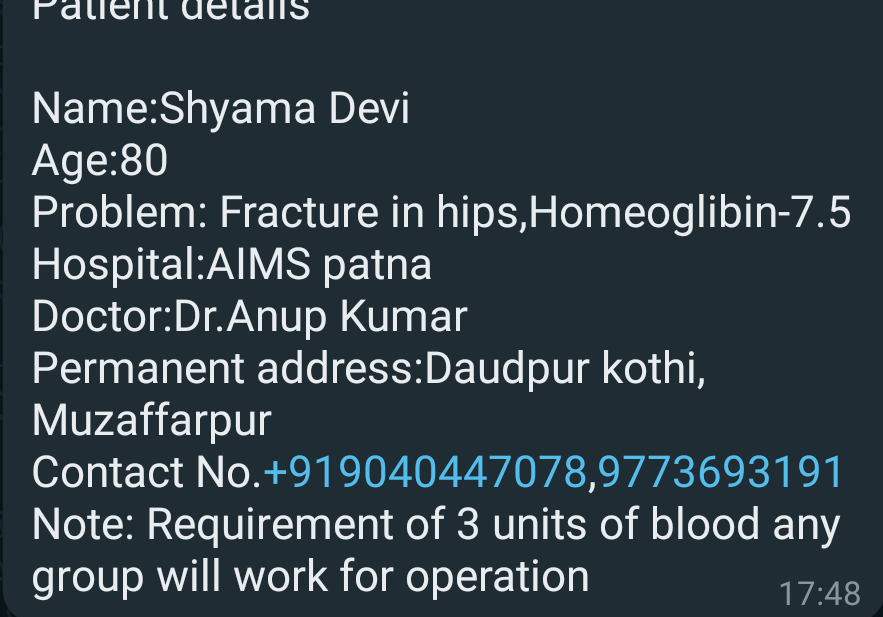 B4Deo's tweet photo. #Patna AIIMS #Nov08
80 yrs old Shyama Devi of Muzaffarpur (Hips Fracture) undergoing to operation; had an urgent need of Blood & looking for it for the last 2 days.
As we contacted Ayush, he immediately rushed & Donated. Thanks a ton to him for the benevolent act. #B4Deo https://t.co/ew29lwYWsi