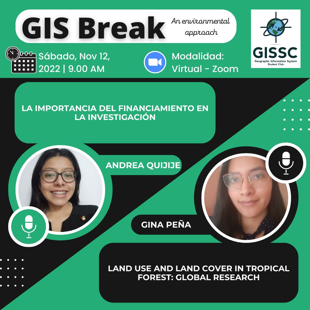 gissc_espol's tweet photo. GISSC te trae el webinar GIS Break, en el cual miembros del club y Alumnis ESPOL darán a conocer trabajos sus de investigación.
En la primera jornada de ponencias contaremos con:
Biól. Andrea Quijije
Biól. Gina Peña
#OrgullosamenteGISSC #Investigación #adnespol https://t.co/P95iH81Gf6