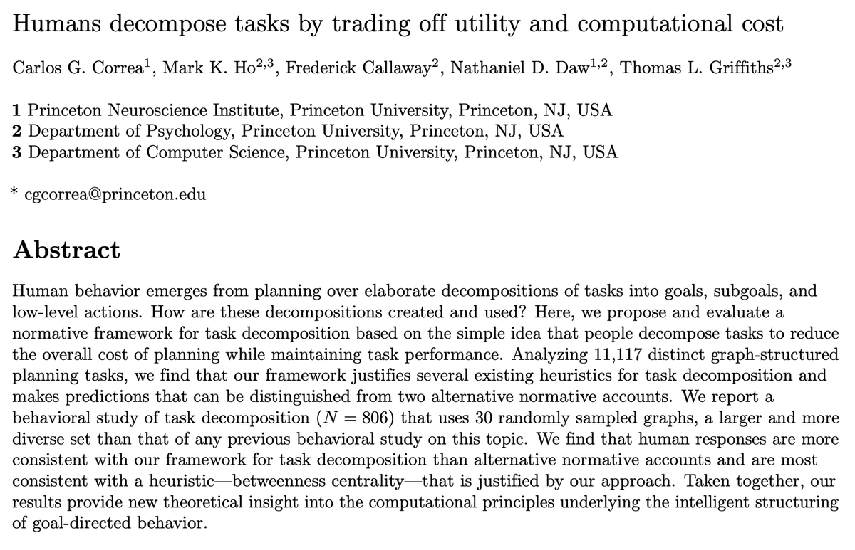 carlos g. correa (@_cgcorrea) on Twitter photo ✨Preprint✨ w/ <a href="/mark_ho_/">Mark Ho</a>, <a href="/callfredaway/">Fred Callaway</a>, <a href="/nathanieldaw/">Nathaniel Daw</a>, & Tom Griffiths: arxiv.org/abs/2211.03890
TLDR: How do people decompose goals into subgoals? We ran a large-scale experiment to test how the computational cost of planning drives subgoal choice.
More in 🧵 ✨Preprint✨ w/ <a href="/mark_ho_/">Mark Ho</a>, <a href="/callfredaway/">Fred Callaway</a>, <a href="/nathanieldaw/">Nathaniel Daw</a>, & Tom Griffiths: arxiv.org/abs/2211.03890
TLDR: How do people decompose goals into subgoals? We ran a large-scale experiment to test how the computational cost of planning drives subgoal choice.
More in 🧵
