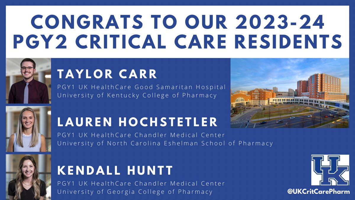 🥳 The <a href="/UKPharmRes/">UK Pharmacy Residency</a> PGY2 Critical Care Program has early committed all positions for the 2023-24 year. 

👏 Congratulations to Taylor Carr, Lauren Hochstetler, and Kendall Huntt! 

#PharmICU #PharmRes <a href="/CARRvedilol/">Taylor Carr, PharmD, BCCCP</a> <a href="/KendallHuntt/">Kendall Huntt</a>