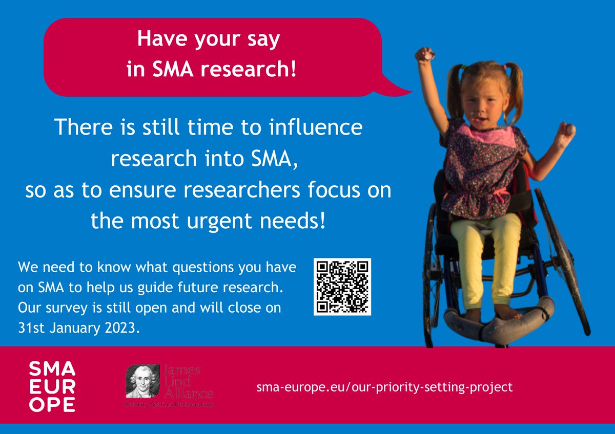 Help influence the future of research into spinal muscular atrophy (SMA). Tell us the questions you want answered by research through @SMAEurope ’s survey, available in several languages, with @LindAlliance: sma-europe.eu/our-priority-s… #mysay4SMA #SMAPSP #smaresearch #SMA @cb_vanessa