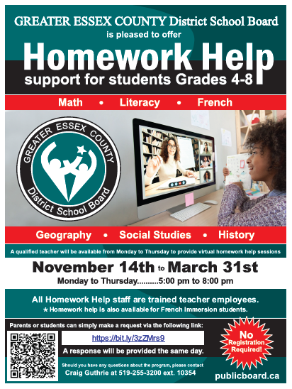 Good news for students in Grades 4 to 8 starting on November 14 until March 31:
Homework Help is a virtual tutoring support that will be available Monday- Thursday from 5 to 8.