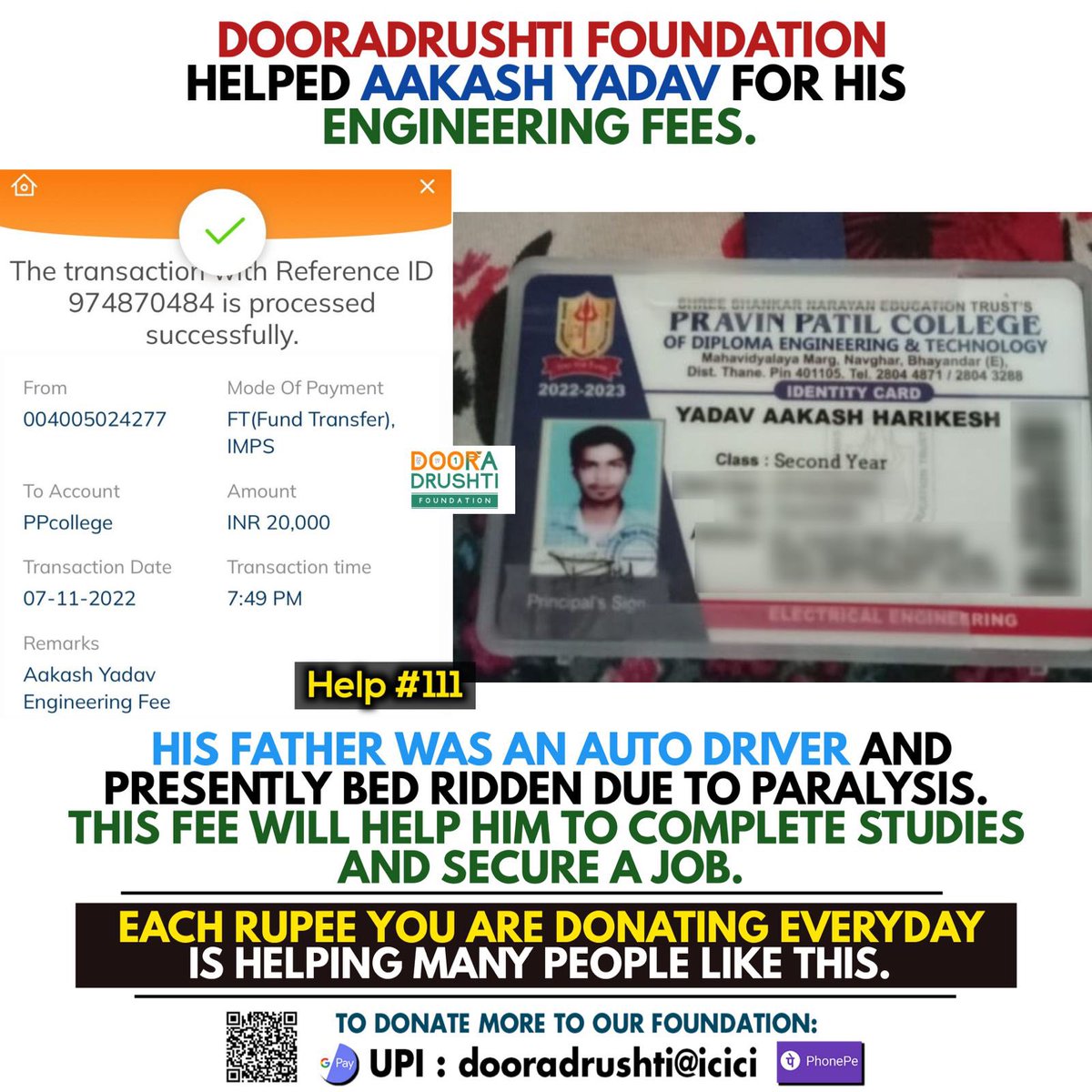 dooradrushti's tweet image. Help #111 from @dooradrushti ❤️
Spread our initiative of @DonateOnlyRupee to more people and help us in helping more needy ones 😊 #Door_Helps #EducationHelp #DonateOnlyOneRupee