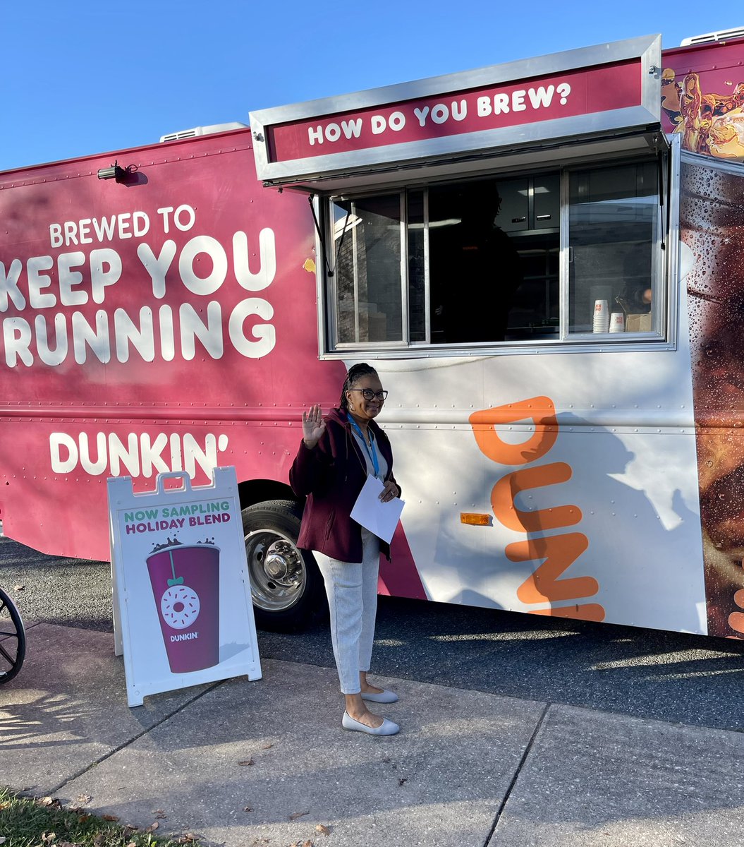 Ms. Young is all smiles today as she enjoys her free Dunkin’. Thanks to Mrs. McKinney &amp; our RHR PTA for providing free coffee until 10am to our school community ☕️