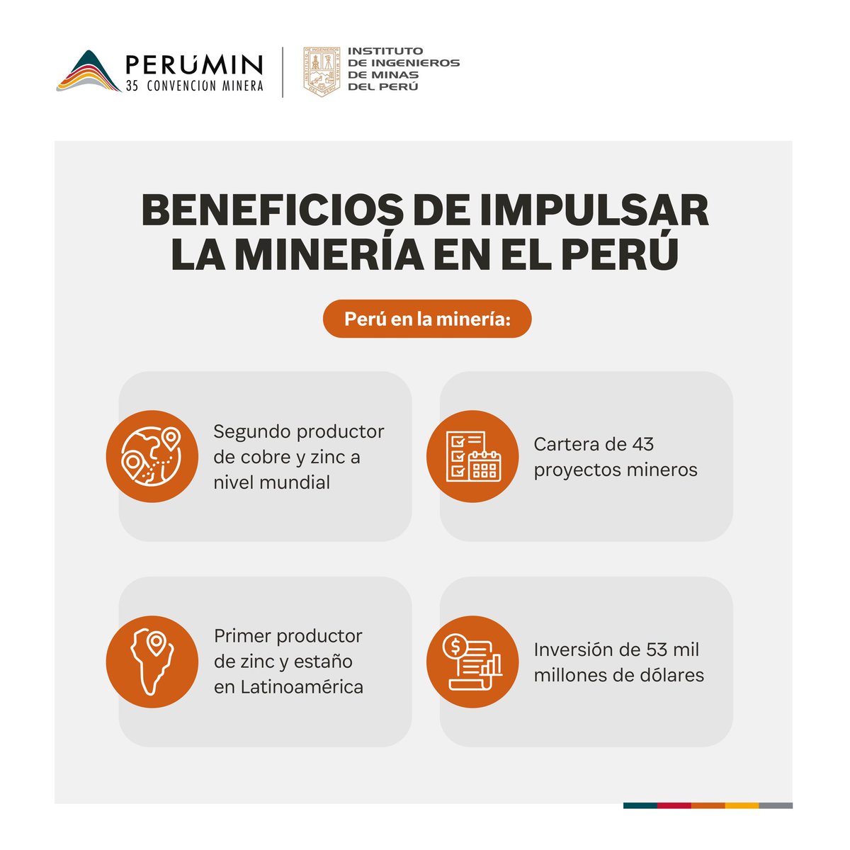 PeruminOficial's tweet photo. #PERUMIN35 | ¡Impulsar al sector minero!
Miguel Cardozo, presidente de #PERUMIN36, explicó la oportunidad que tiene el Perú para desarrollar proyectos mineros en una industria global.
Conoce alguno de los beneficios 👇
#PERUMIN #IIMP #ConvenciónMinera #Minería #MineríaPerú https://t.co/a525EYsjJS
