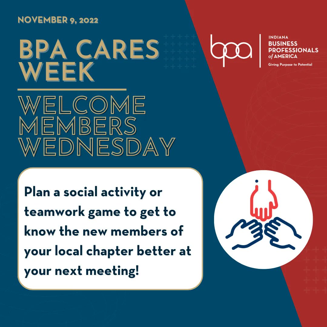 inbpa's tweet photo. Welcome to BPA Cares Week, Welcome Members Wednesday!
Get to know your chapter by planning a social activity or team building game to be done at your next local chapter meeting! #BPACARES #BPACARESWEEK #INBPA #BPAALLDAY https://t.co/2hpInETKV6