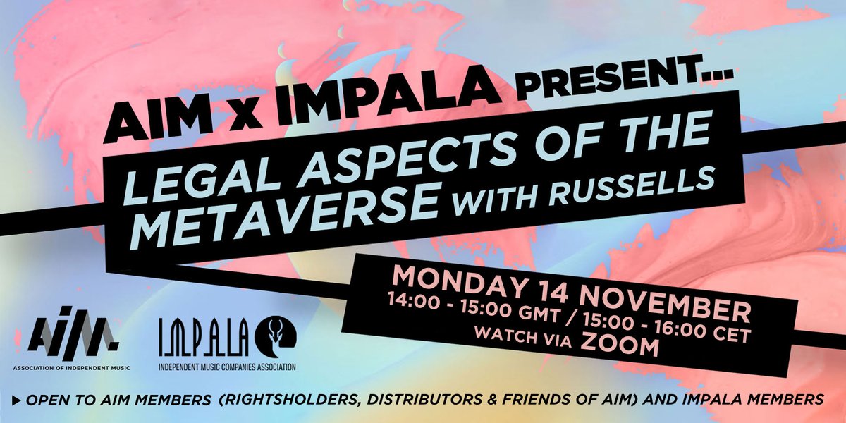 Call to all IMPALA members 🚨 Join us (14th November, 2pm GMT/ 3pm CET) for our webinar with <a href="/AIM_UK/">AIM</a> on the 'Legal Aspects of the #Metaverse' run by legal experts in the #music industry Russells Solicitors.

Info / Sign up 👇
bit.ly/3UmOZJf