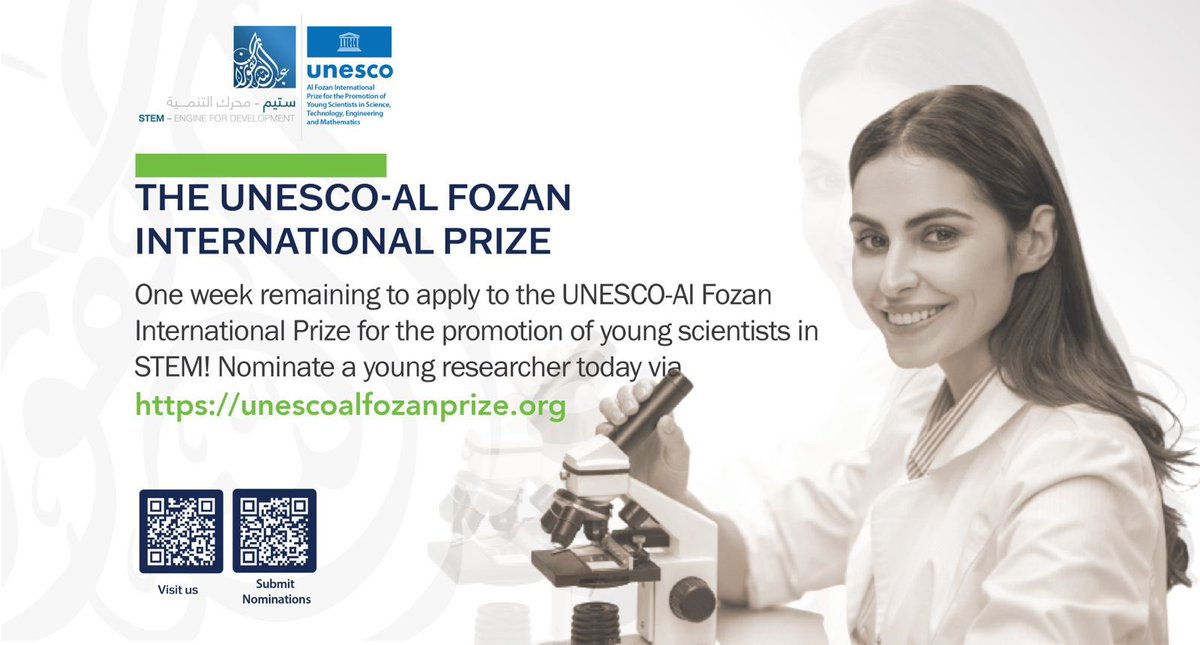 Nominate now! 
unescoalfozanprize.org 
#UNESCO_Alfozan_International_Prize 
Last day for nomination is 15 November 2022.

#STEM