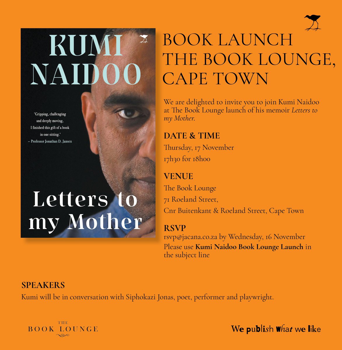 kuminaidoo's tweet photo. Next week Thursday I’ll be in conversation with @Siphokazi_J 🧡

🗓: 17 November 2022
📍: @book_lounge 
🕠: 17:30 for 18:00 

#LettersToMyMother
#MakingOfATroublemaker 
@jacanamedia https://t.co/BtpQrONevr