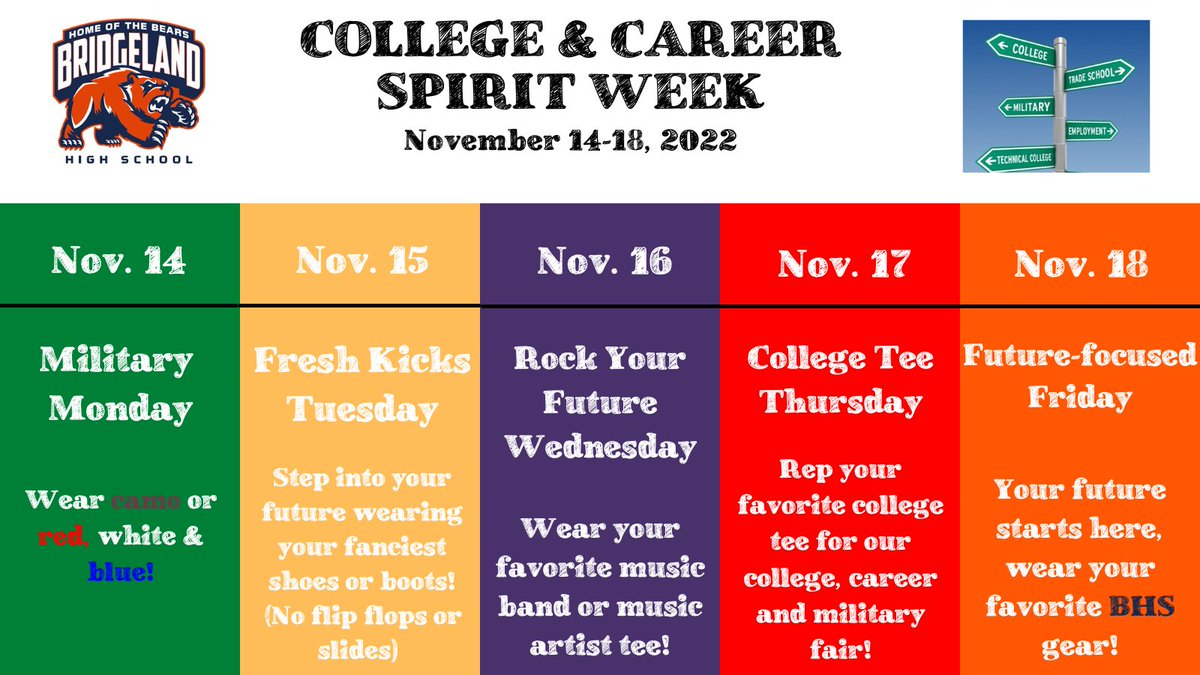BridgelandCCS's tweet photo. Get those outfits ready! College & Career Spirit Week is coming, and prizes will be awarded daily to our most spirited Bears! Let's celebrate the many options available to you after high school! Teachers, if you see some spirit, snap a pic and tag us!! #FutureFocused #BearsOut✌️🏾 https://t.co/CuO6EWAj9D