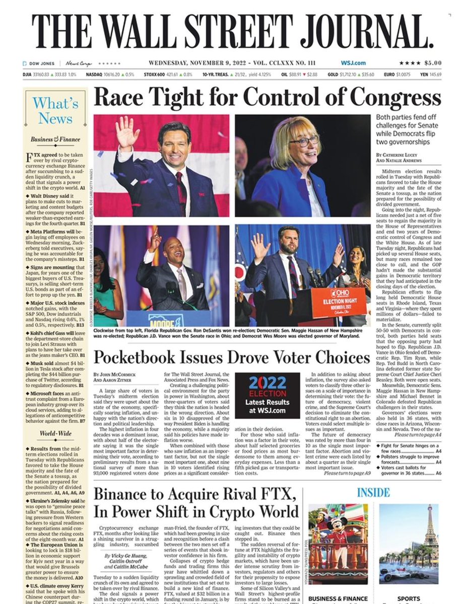 The front page of The Wall Street Journal this morning.
Wednesday, November 9 2022.
