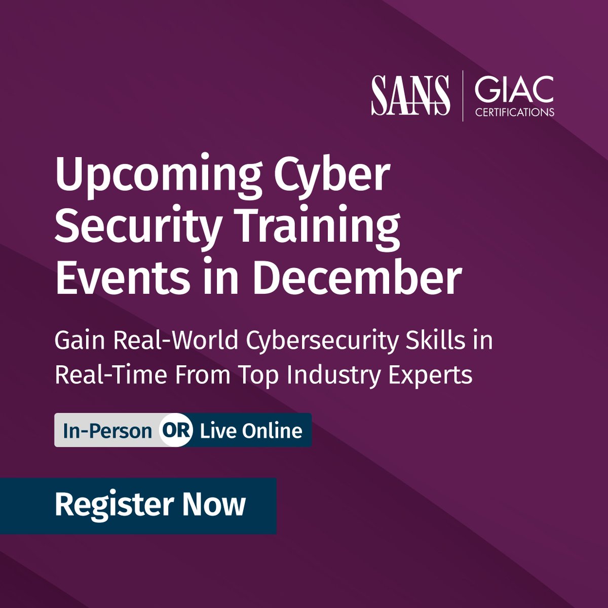 sansforensics's tweet photo. Build practical #CyberSecurity skills through hands-on #SANSTraining events this coming December:

📌  #SANSSF | San Fransisco, CA or Live Online | Dec 5 - Dec 10 | https://t.co/3K2P9gqtQ9

👀 View All Upcoming #SANSTraining Events: https://t.co/6q9ITXDlJu https://t.co/kj8ZEKHf72