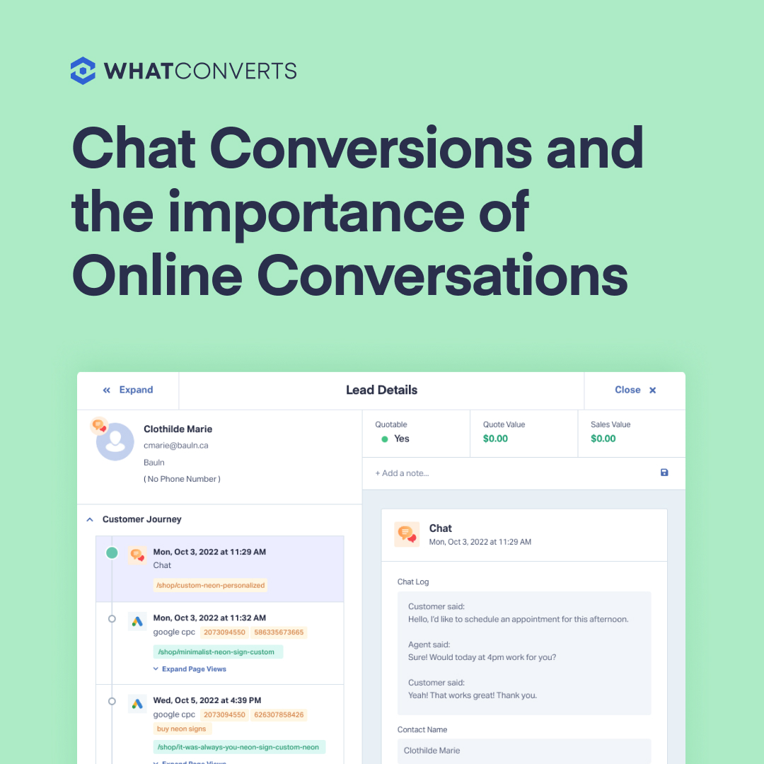whatconverts's tweet image. Online chat plays a significant role in customer conversion.

What chat details would you use? 👀

#whatconverts #marketing101 #leadtracking #leadreporting #leadtrackingformarketing #inboundmarketing #inboundformarketing #chat #chattracking #leaddetails #customerjourney