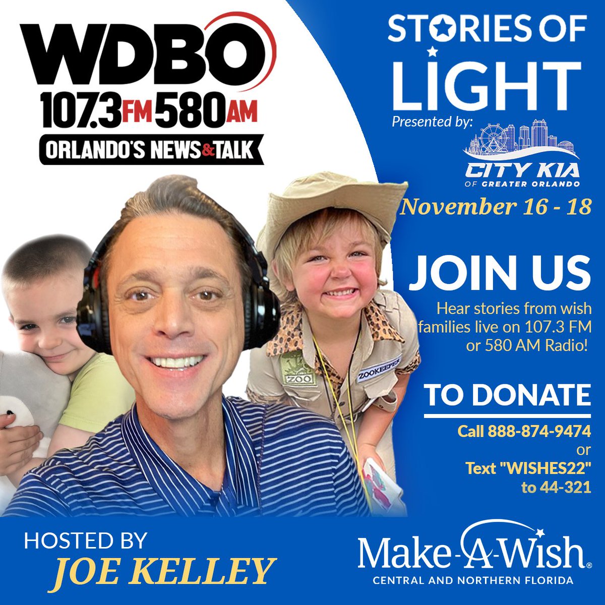 MakeAWishCNFL's tweet image. ONE WEEK AWAY! Join us for our 4th Annual Stories of Light Radiothon Presented by City Kia of Greater Orlando, On WDBO 107.3 FM Radio, hosted by @talkradiojoe!💙⭐ #storiesoflight