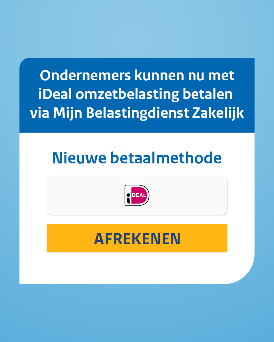 Ondernemers die hun omzetbelasting betalen via het Mijn Belastingdienst Zakelijk-portaal, kunnen voortaan via iDeal betalen. Zo wil de <a href="/Belastingdienst/">Belastingdienst</a> meer gemak bieden en de dienstverlening verbeteren. Het gaat om 1,5 miljoen betalingen per jaar.
