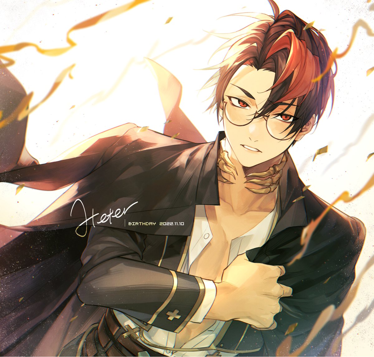 1boy male focus red hair solo glasses red eyes looking at viewer  illustration images