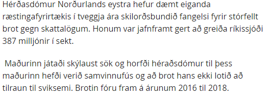 AgustaKrunkar's tweet photo. Án gríns. Eru dómararnir fyrir norðan að hæðast að okkur? Vangoldin opinber gjöld (ca 300 milljónir) eru að minnsta kosti þrefalt alvarlegra brot en morðhótanir, líkamsárás og ógna barni, talið í skilorðsbundnum fangelsisárum, en eitthvað  um 480 sinnum alvarlegra talið í krónum? https://t.co/IIo1rhmAfx