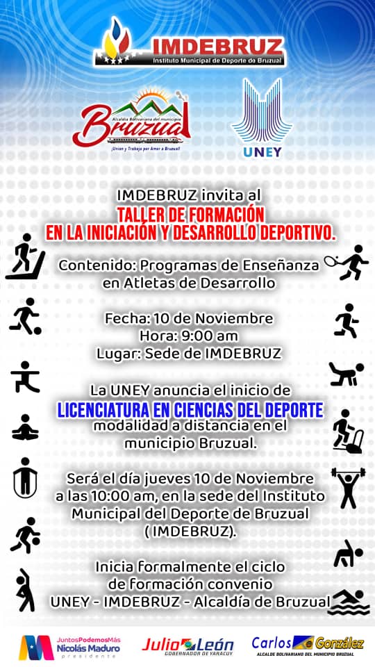 Continuando con la municipalización de su oferta académica, la <a href="/uney_oficial/">UNEY</a>, en convenio con IMDEBRUZ dará inicio en el municipio Bruzual, al pregrado <a href="/cdeldeporteuney/">CsdelDeporteUNEY</a> en la modalidad a distancia, este jueves 10 de noviembre en la sede de este Instituto. <a href="/MedozaWullian/">Wullian Mendoza</a> <a href="/arbolve/">ArbolVe</a>