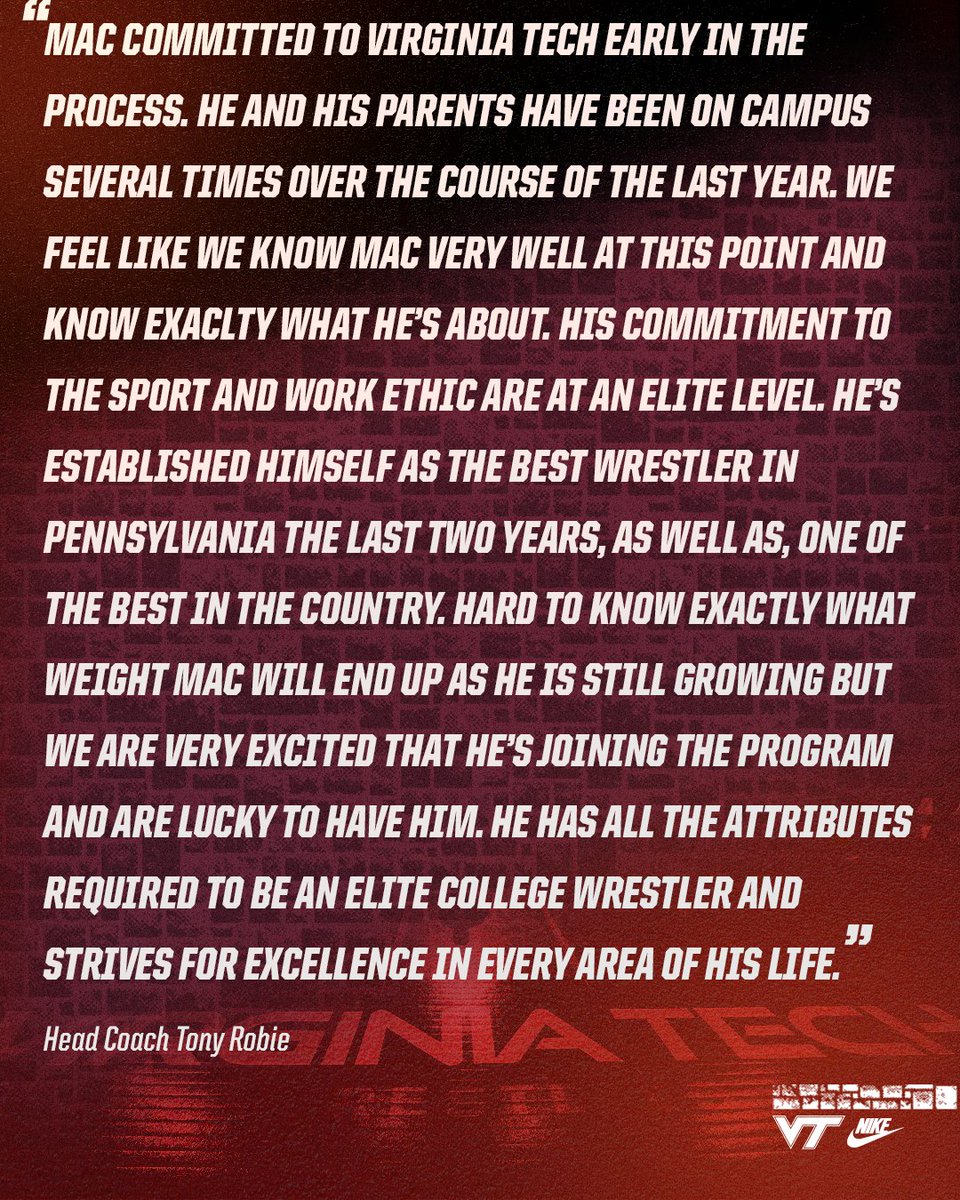HokiesWrestling's tweet photo. The #PA2VT pipeline continues.
#HokieNation, you're gonna love this kid.
Welcome home, Mac ๐ฆ https://t.co/e9zcAsqIXl