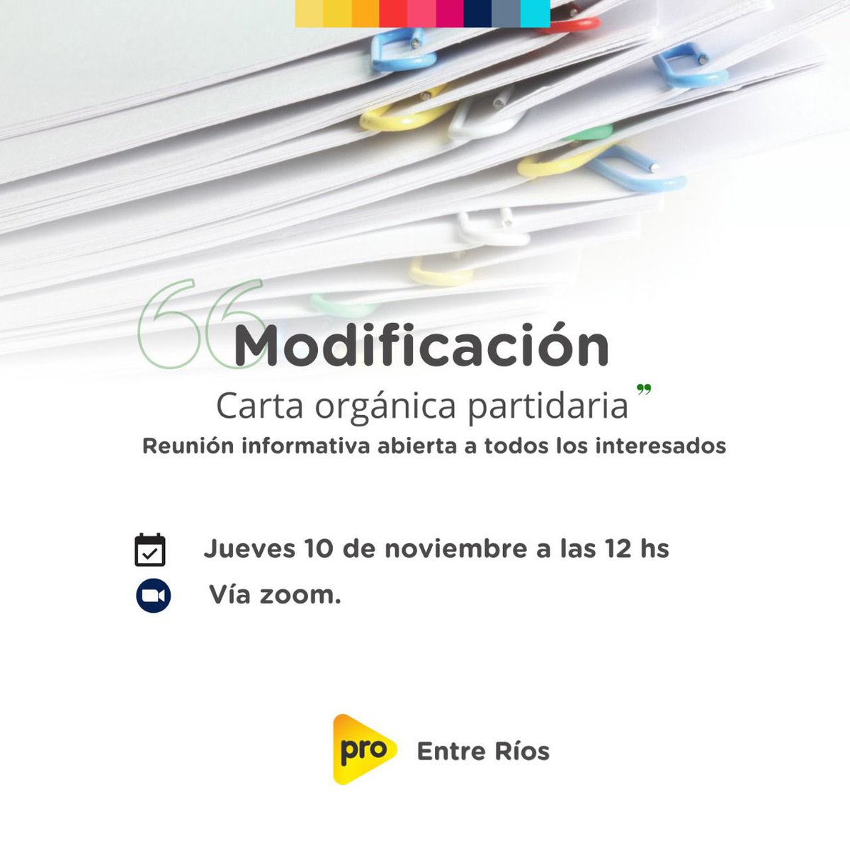 proeriosoficial's tweet photo. ✍️ Desde PRO ENTRE RÍOS convocamos a participar el día de Jueves 10 a las 12 hs. Por zoom, a la charla informativa de la MODIFICACIÓN DE LA CARTA ORGÁNICA de nuestro partido. 

⚠️Mañana pasaremos el enlace zoom a todos los referentes de departamentales.

¡Te esperamos! https://t.co/JHn2N3OxLg