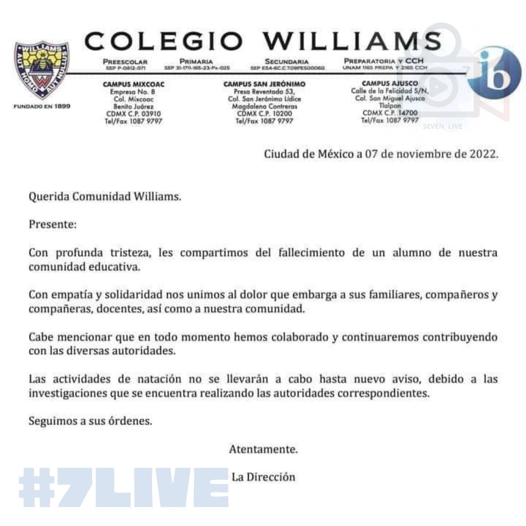 Sevenlive07's tweet image. Mediante la página de "No te calles Contreras" se dio a conocer el fallecimiento de un alumno del Colegio Williams dentro de sus instalaciones, hasta el momento el Colegio brinda el siguiente comunicado.
#7Live #Noticias #IRC #informacion #Williams