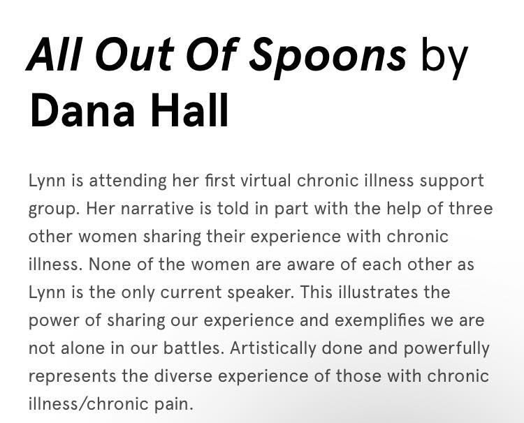 annabush's tweet photo. Premiering Nov. 15, 2022 at 8 PM EST on the Spoonie Theater YouTube channel - "All Out of Spoons" by Dana Hall.  https://t.co/ZYFqHZTGaV https://t.co/9j9o3Z3tkc