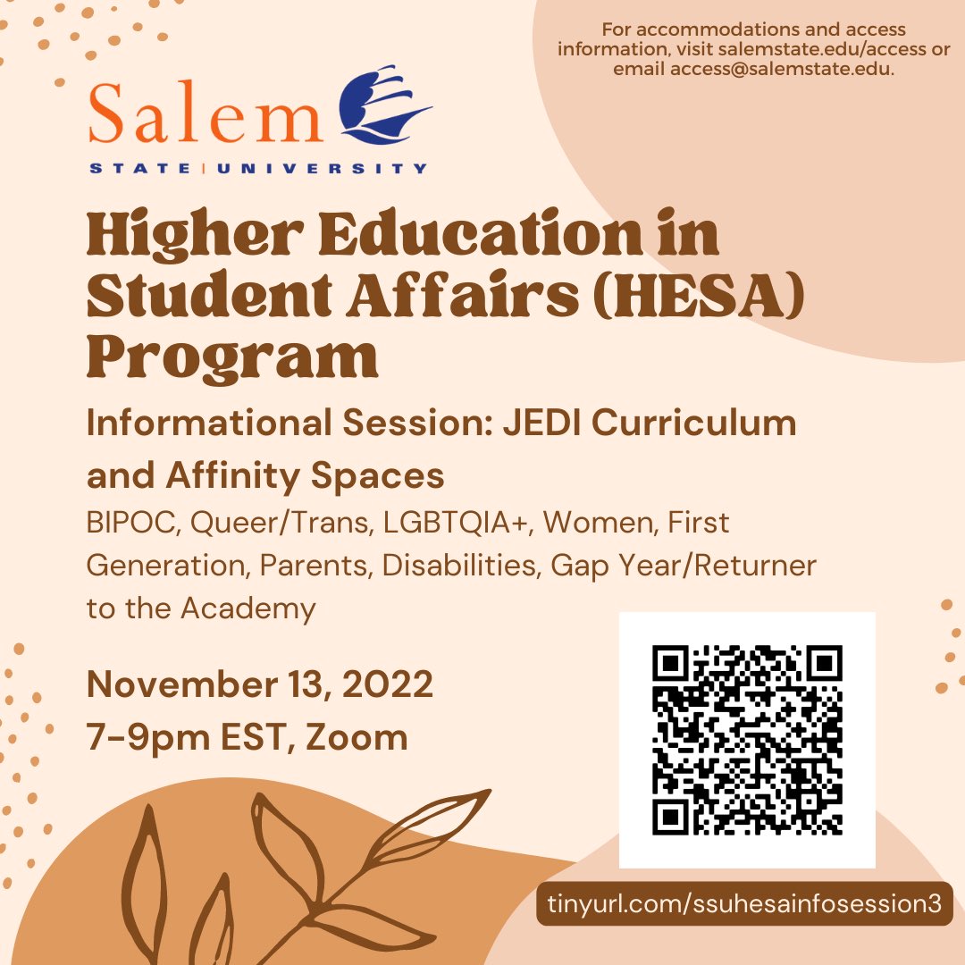 Join us for our upcoming informational session! We will be discussing the HESA program and hosting affinity spaces for potential students to connect with others who share their identities.

Register at tinyurl.com/ssuhesainfoses… and share with anyone who may be interested!