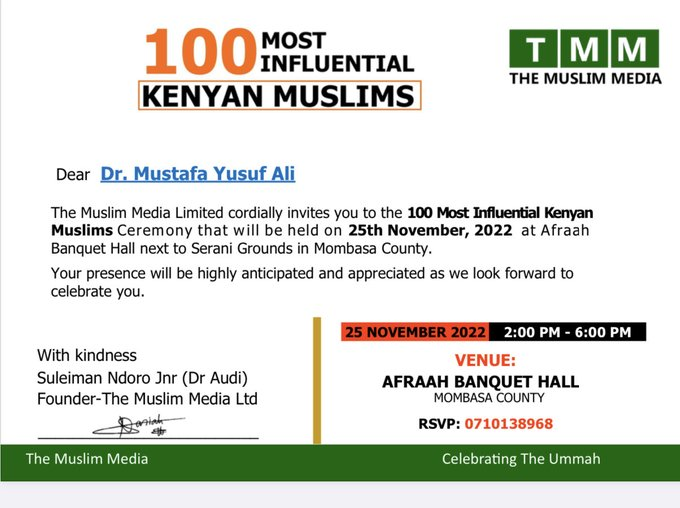 BondeniValley's tweet photo. We are DELIGHTED by the recognition of @Mustafa_Y_Ali, Chairman, Kabarnet Muslim Association (KMA), and @BondeniValley, as one of Kenya's 100 Most Influential Muslims.

We applaud his relentless efforts and dedication to improving the living standards of the Bondeni community. https://t.co/S8vwFap8jz