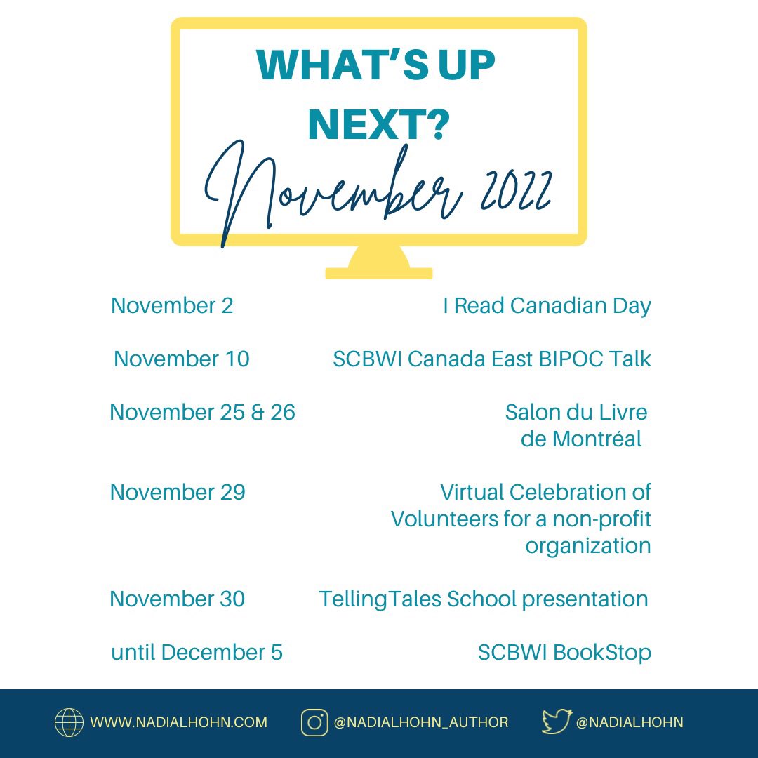 nadialhohn's tweet photo. #WHATSUPNEXTnlh? November 2022

Nov 2 @ireadcanadian day

Nov 10 @SCBWICanadaEast #BIPOC Talk.

Nov 25 &amp; 26 #SalonduLivredeMontréal

Nov 29 Virtual celebration of volunteers for a non-profit org

I’m participating in @scbwi #BOOKSTOP until Dec 5.

Link in my bio,p for details. https://t.co/iDnHtLXpwg